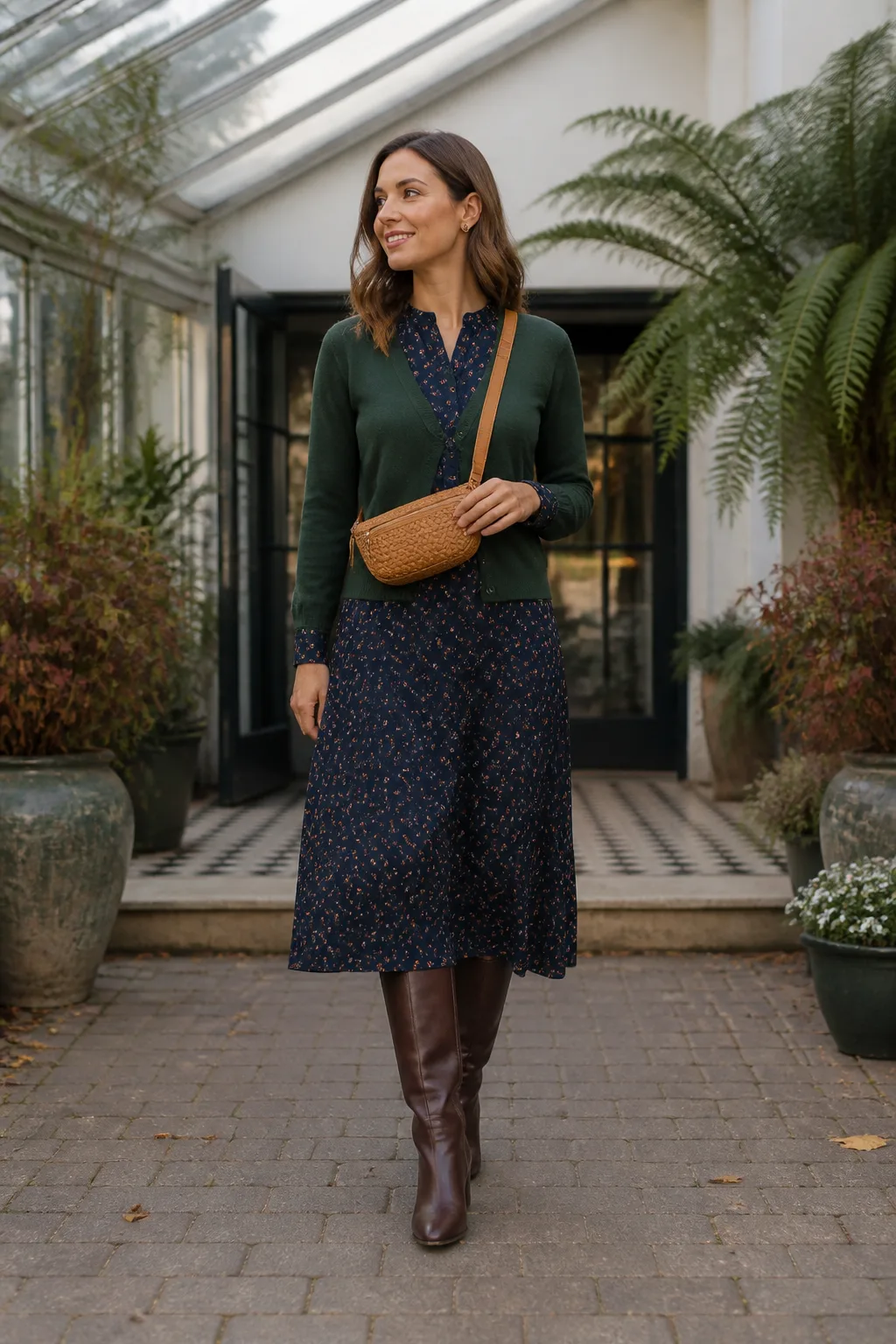 Floral Midi Dress, Cardigan and Tall Boots