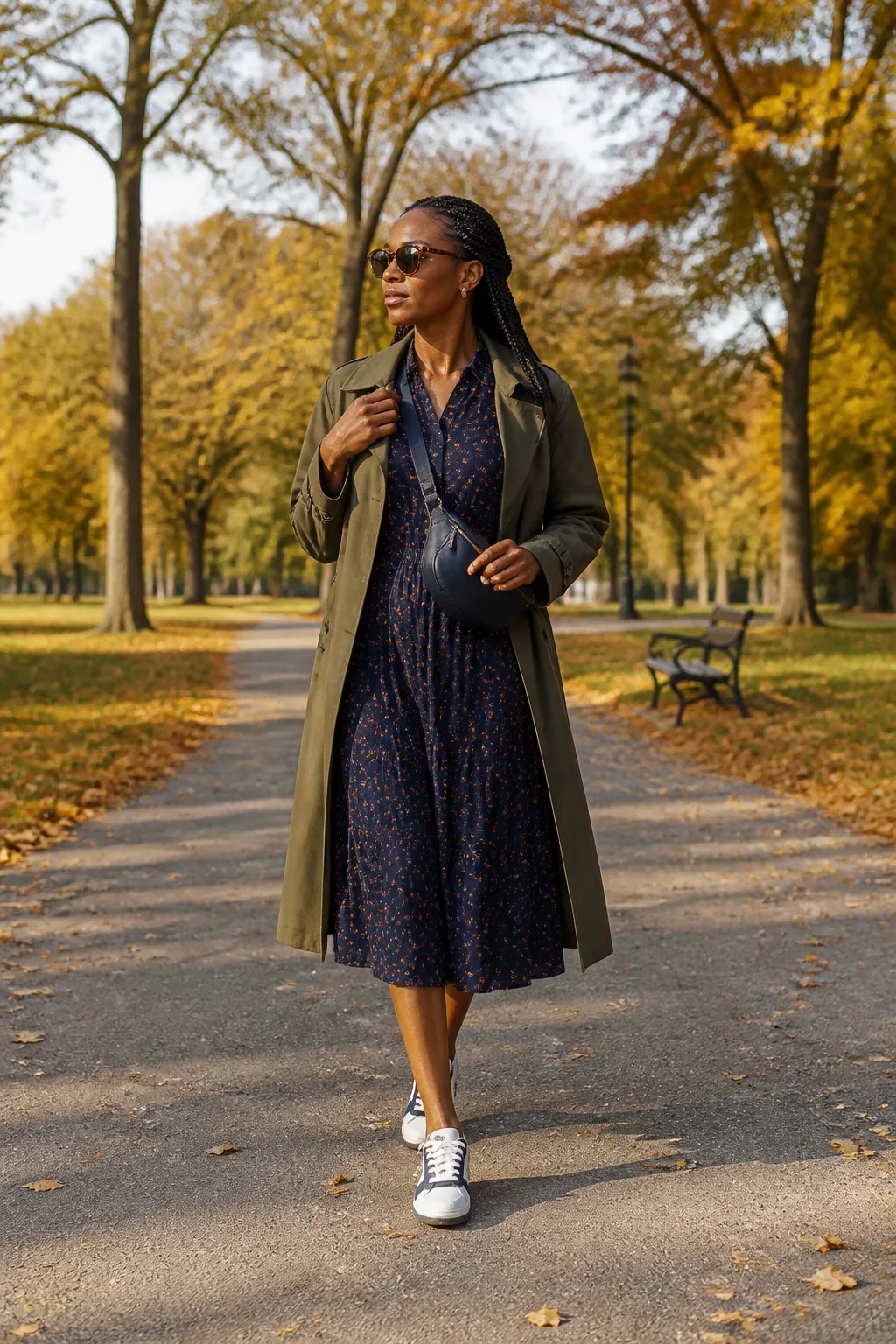Floral Midi Dress, Olive Trench, and Court Sneakers