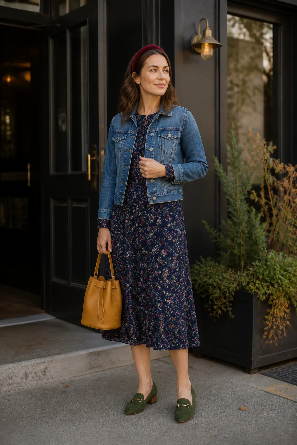 Floral Midi Dress with Cropped Denim Jacket