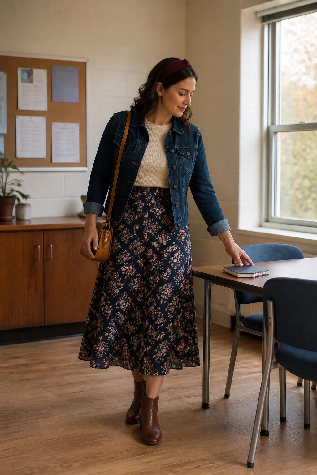 Floral Midi Skirt, Denim Jacket, and Ankle Boots