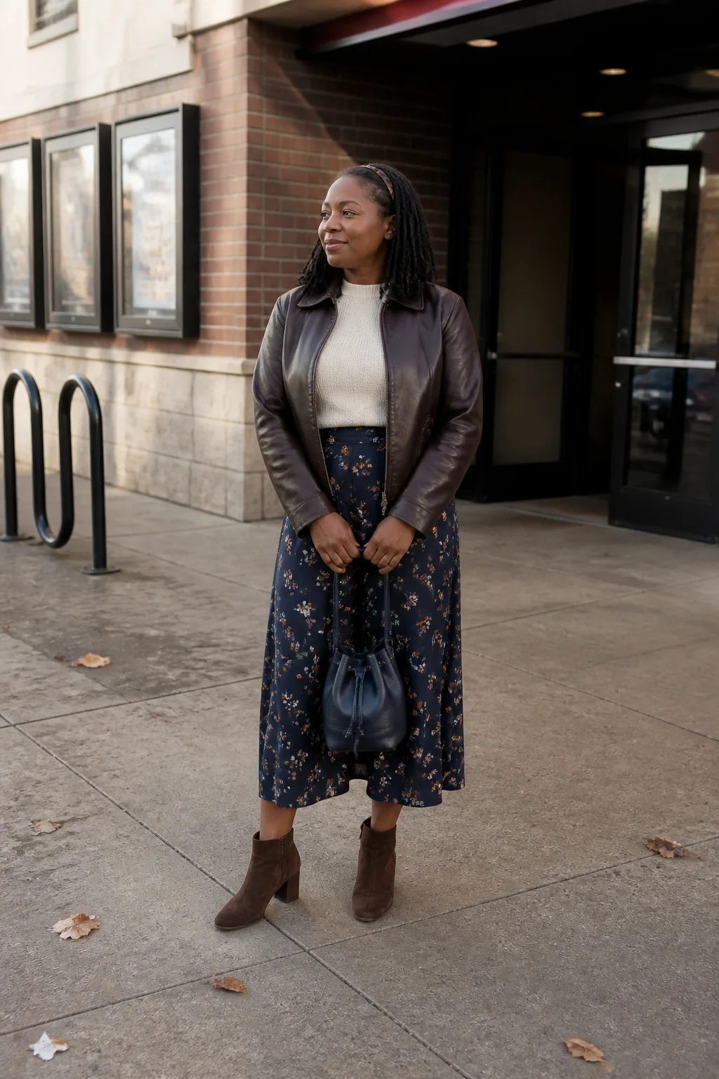 Floral Midi Skirt with Chocolate Leather Jacket