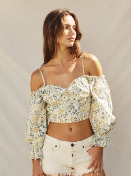 Floral Off-the-Shoulder Summer Top + White Distressed Denim Shorts