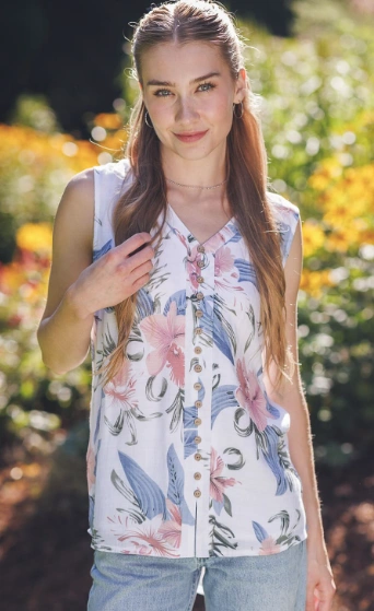 Floral Print Tank Top + Light Wash Denim Shorts + Strappy Sandals