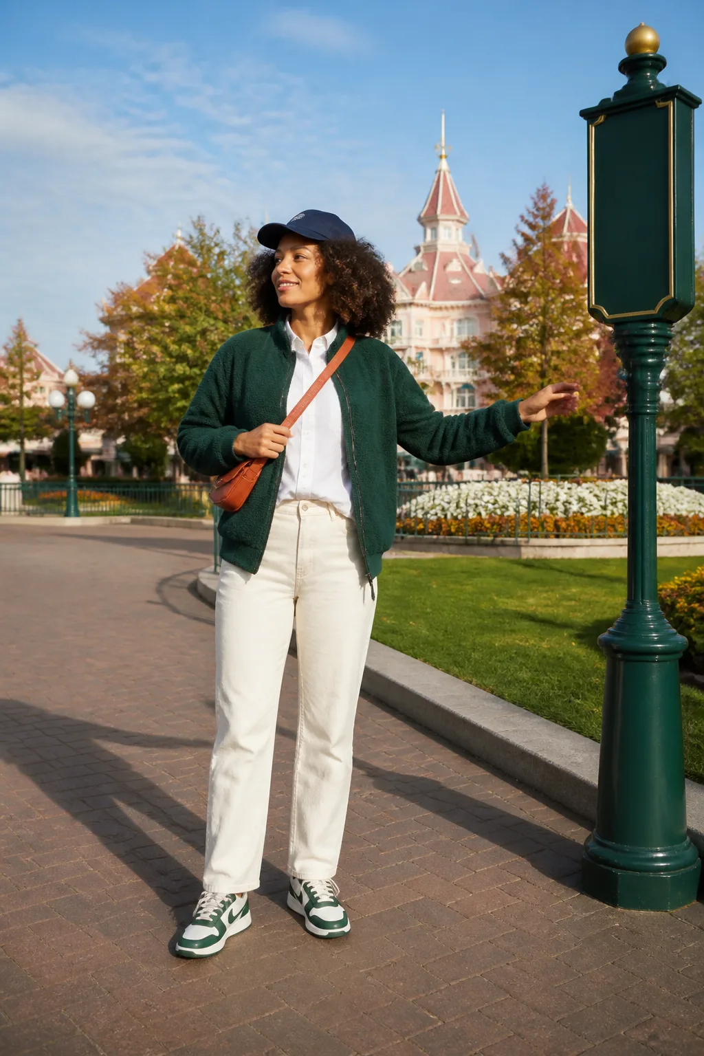 Forest Fleece, Ivory Trousers and Leather Sneakers