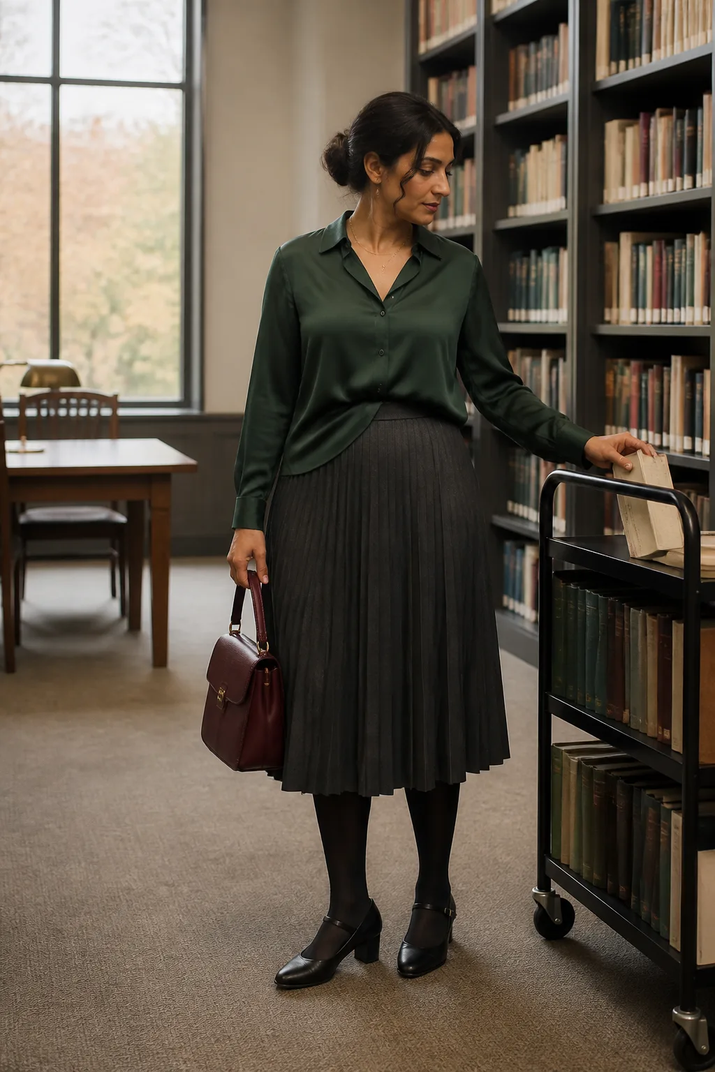 Forest Green Blouse and Gray Pleated Skirt
