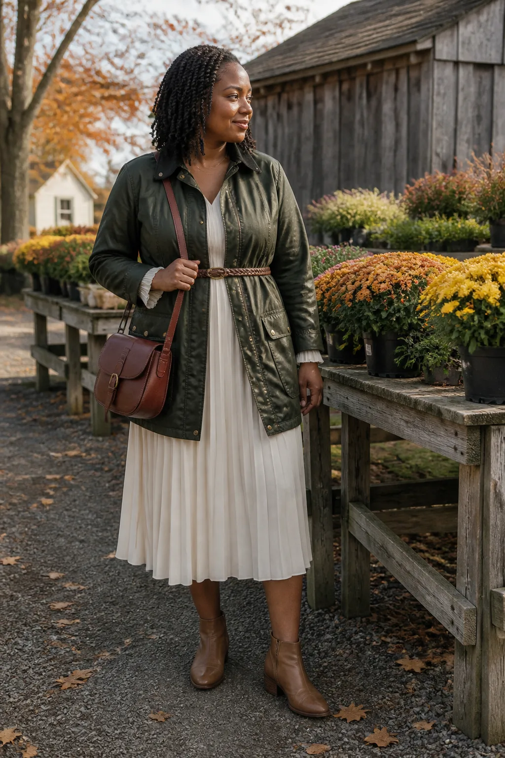 Forest Green Field Jacket with a Pleated Dress