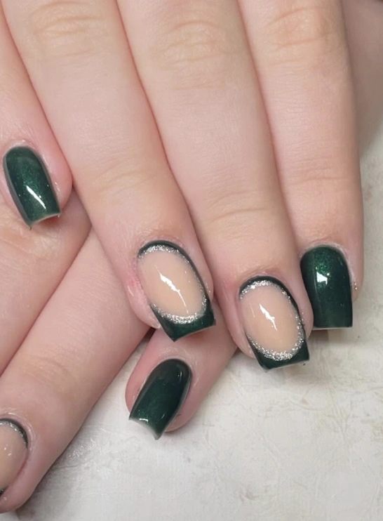 Forest Green French Tips with Silver Glitter Detail