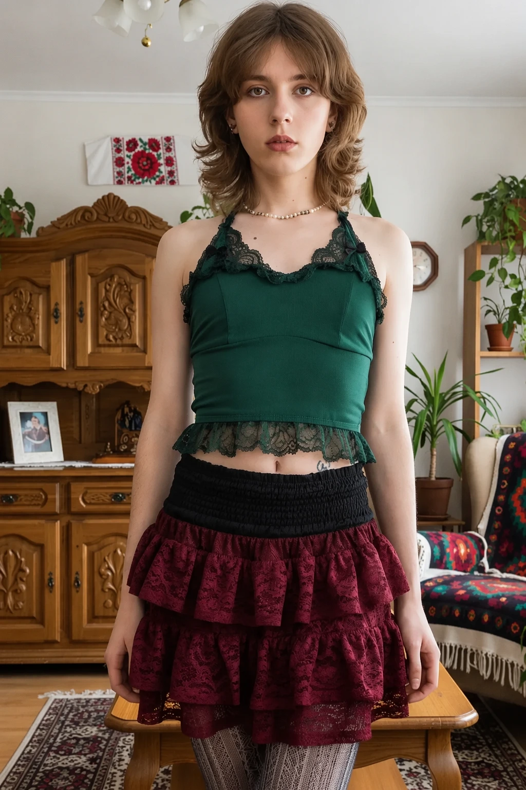 Forest Green Lace Trim Halter + Ruffled Mini Skirt