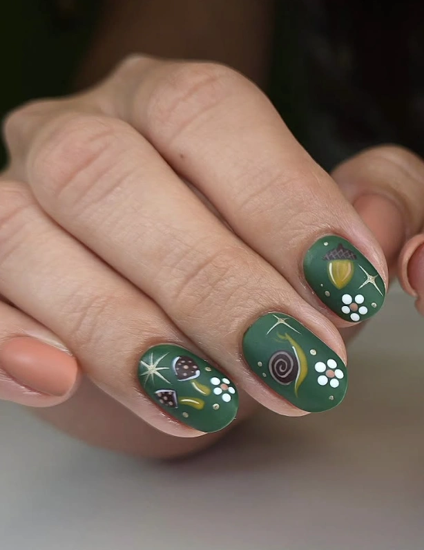 Forest Green Nails with Whimsical Woodland Designs