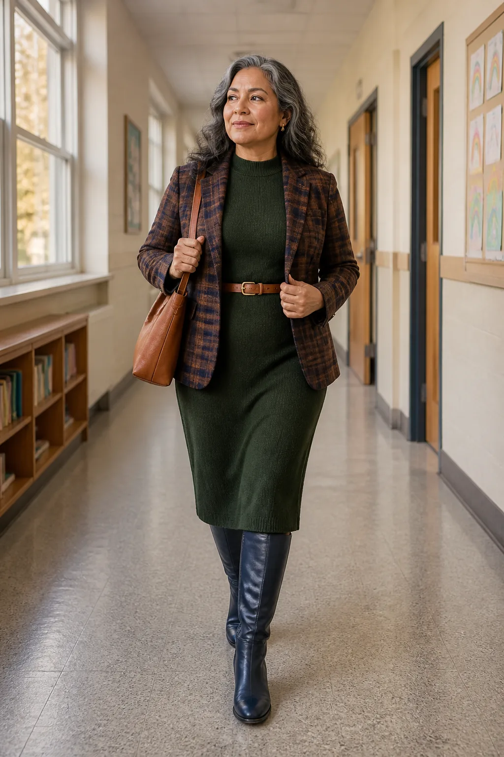 Forest Green Sweater Dress with a Plaid Jacket