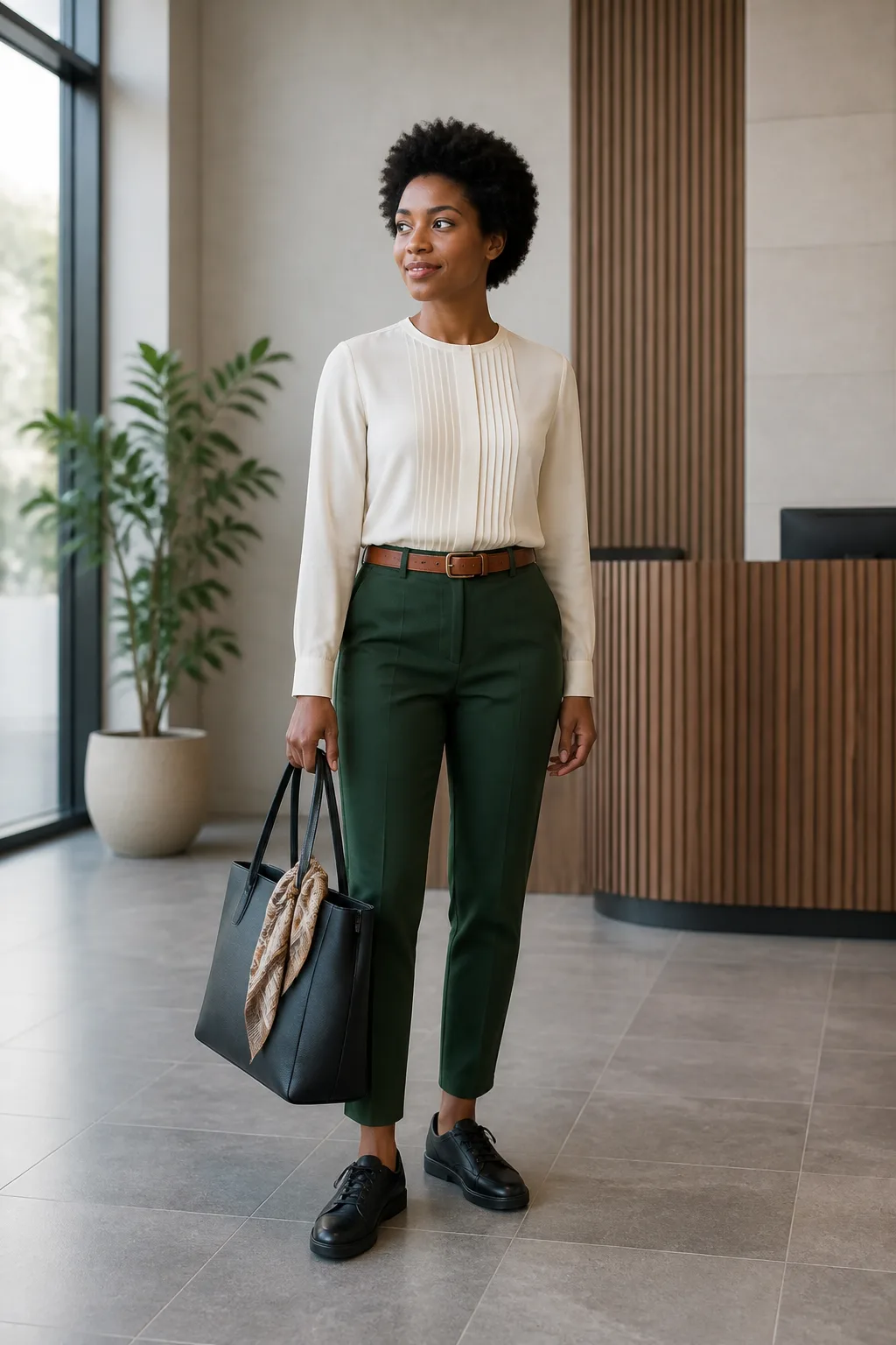 Forest-Green Trousers, Cream Blouse, and Black Sneakers
