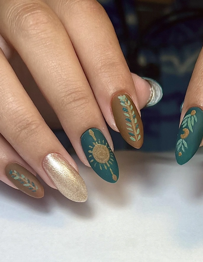 Forest-Themed Almond Nails with Gold Accents