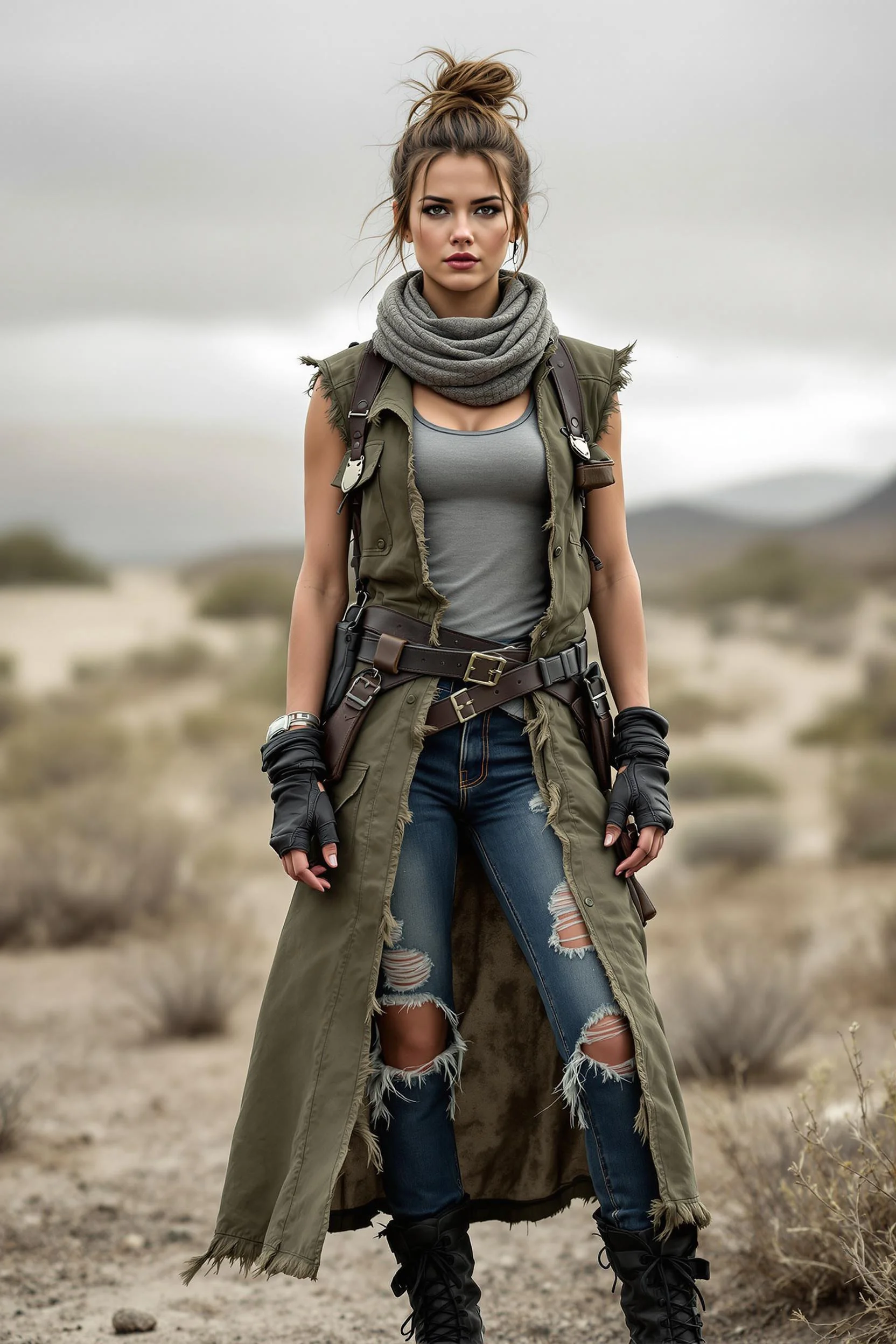 Frayed Olive Long Vest + Ripped Skinny Jeans