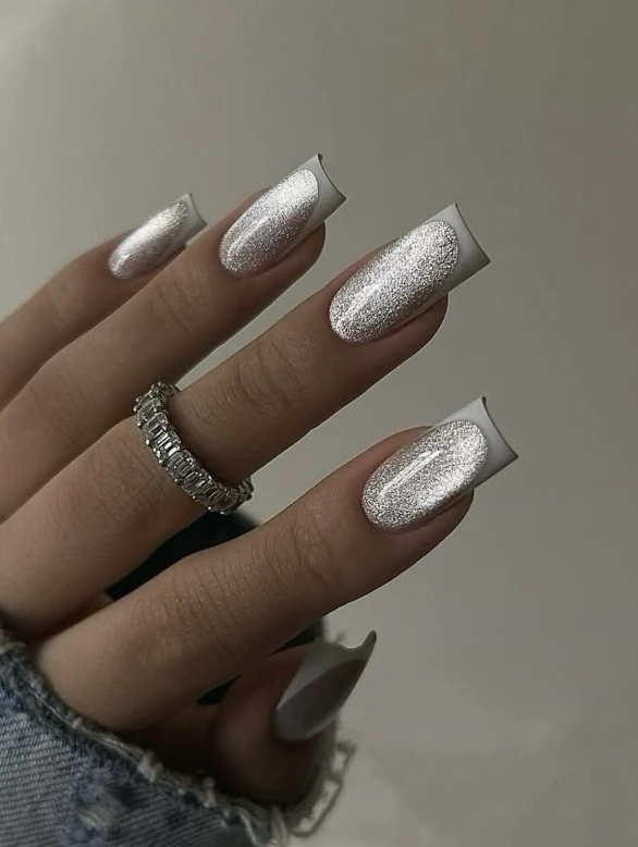 French Tip Coffin Nails with Silver Glitter Gradient