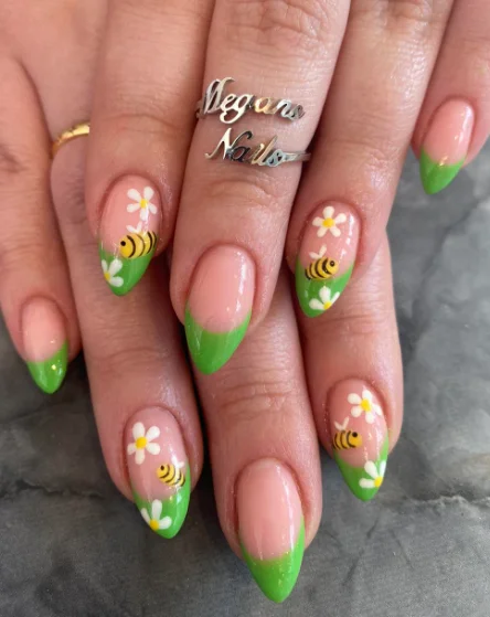 Fresh Green French Tip with Daisy Bee Accents