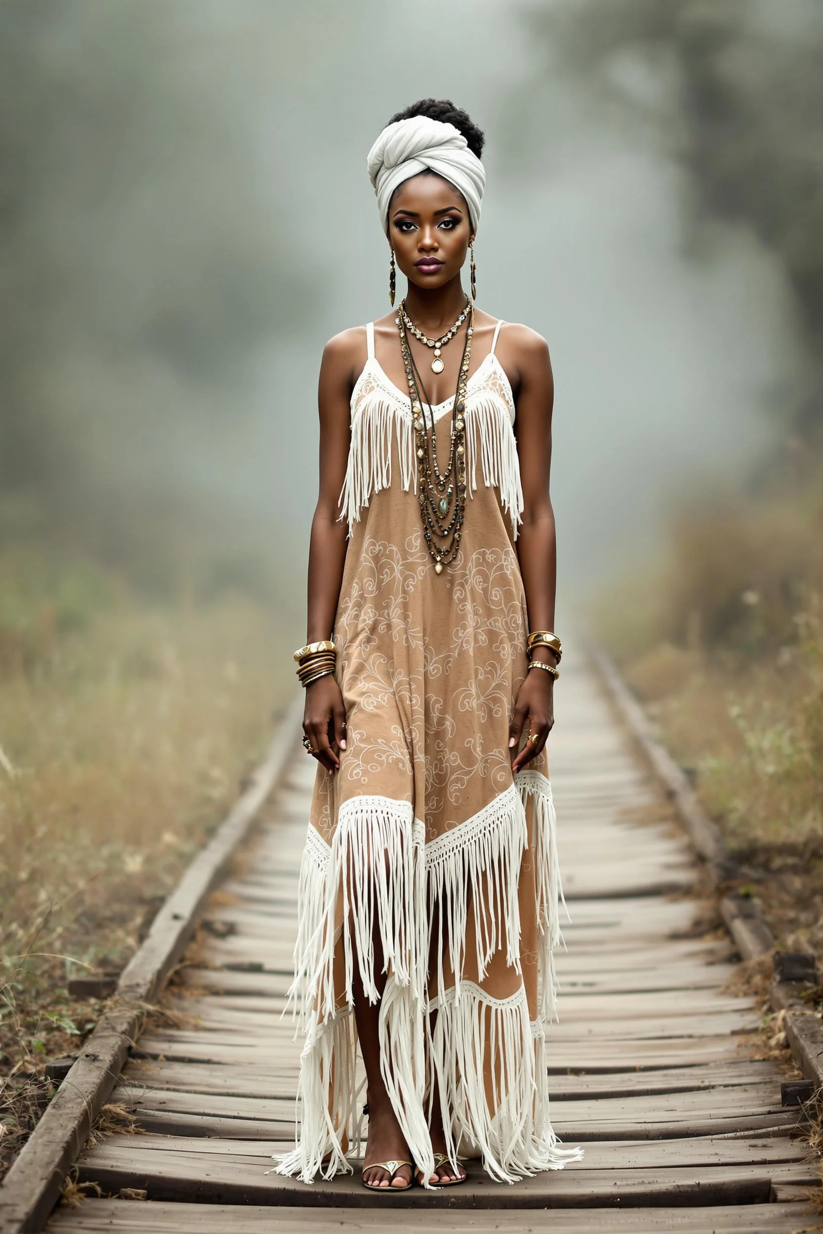 Fringed Beige Maxi Dress + Layered Jewelry