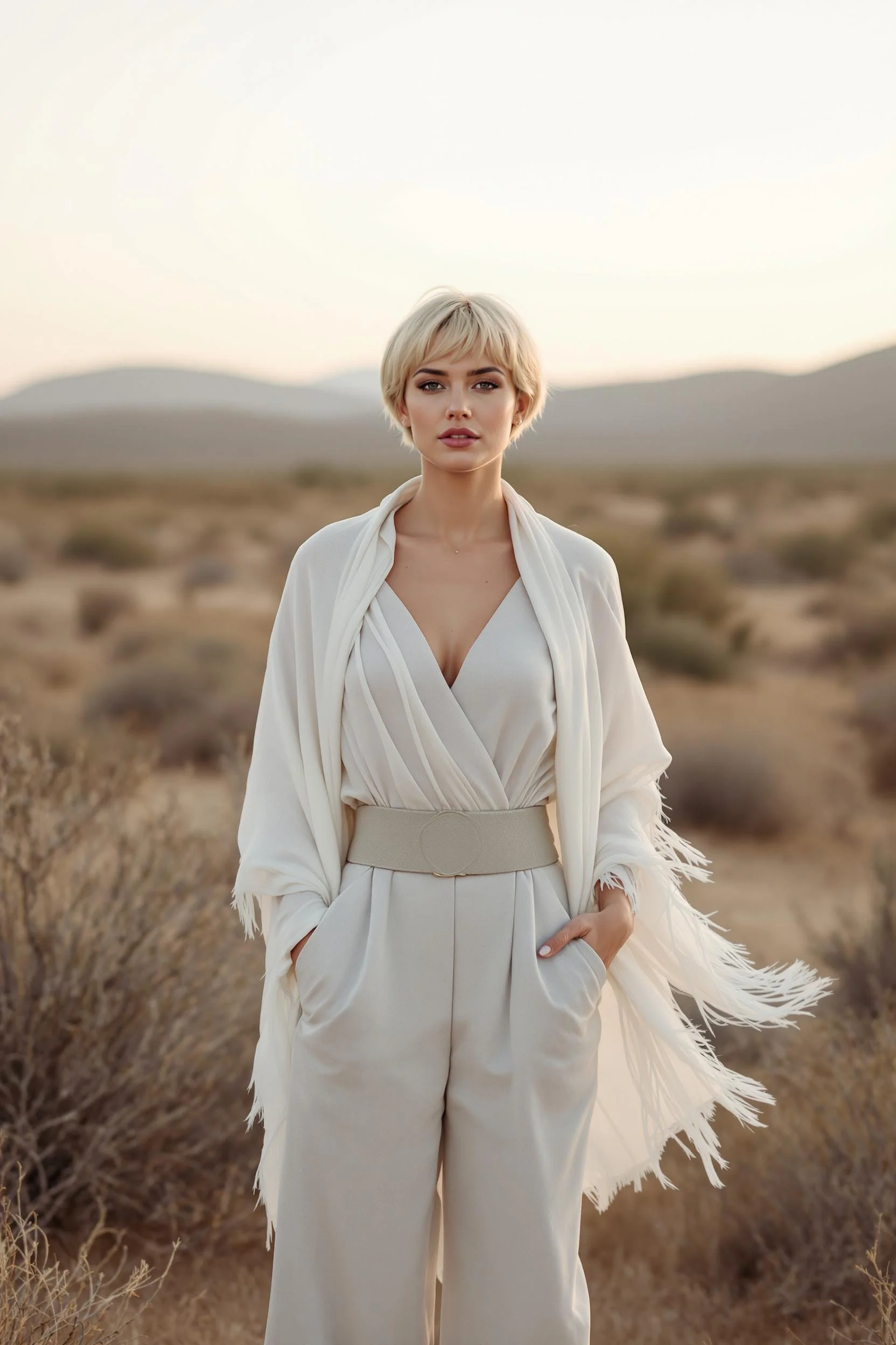 Fringed White Shawl + Belted Jumpsuit