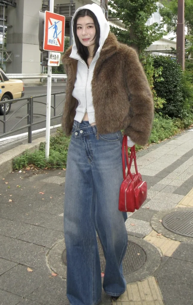 Fur Cropped Jacket + White Hoodie + Wide Leg Jeans + Red Purse