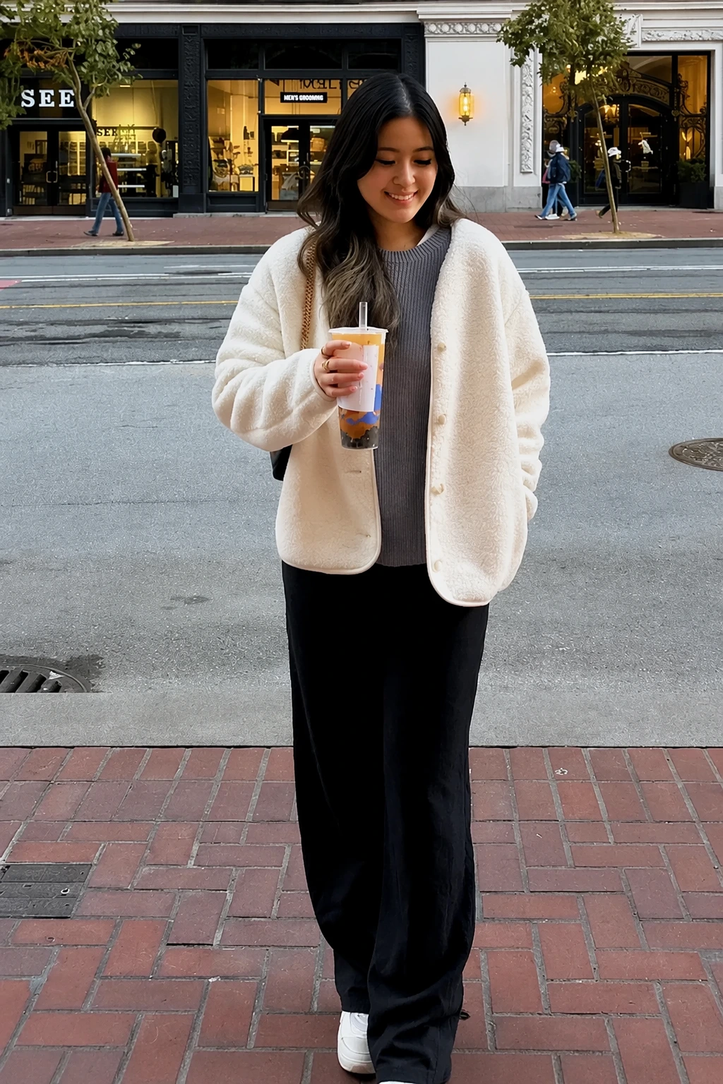 Fuzzy Cream Jacket + Grey Sweater + Wide Leg Black Pants