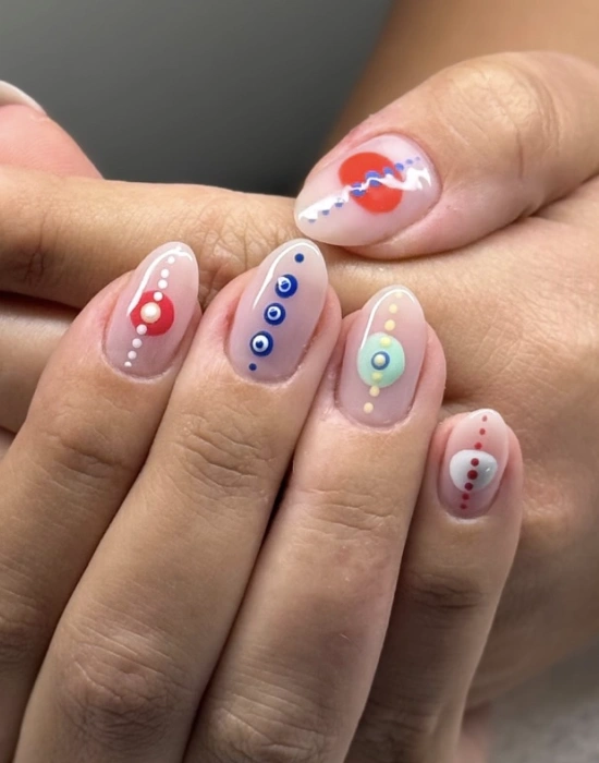Geometric Dot “Evil Eye” Oval Nails