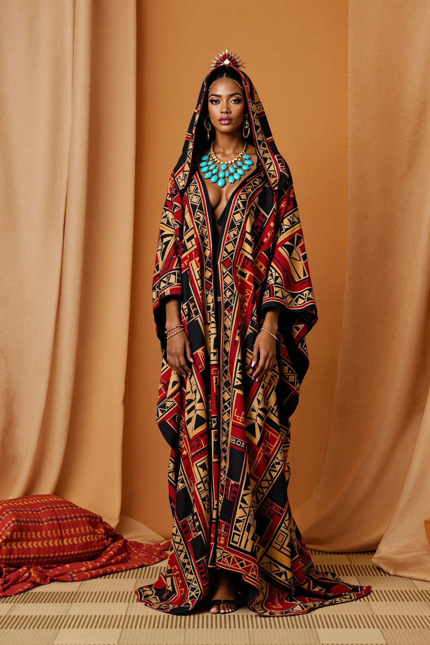 Geometric Print Hooded Kaftan + Statement Jewelry