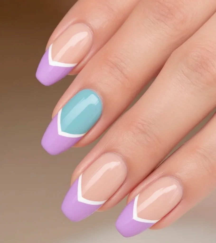 Geometric Purple and Teal French Tip Design
