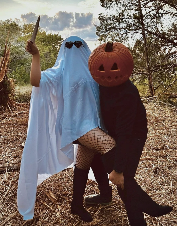 Ghost Costume + Pumpkin Head + Fishnet Stockings + Black Knee-High Boots