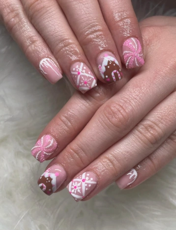 Gingerbread House & Candy Cane Pink Xmas Nails