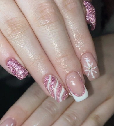 Glitter Pink Square Nails with Snowflake Accent