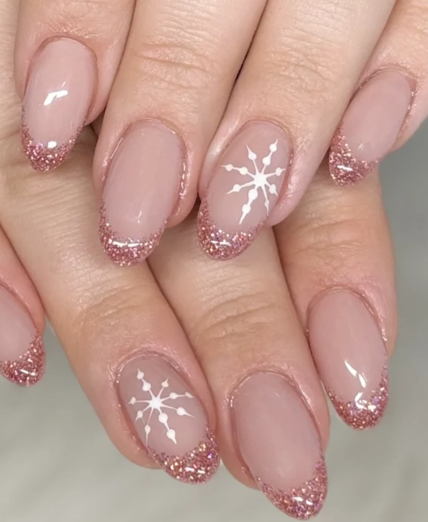 Glittery Pink Ombre French Nails with Delicate Snowflake Art