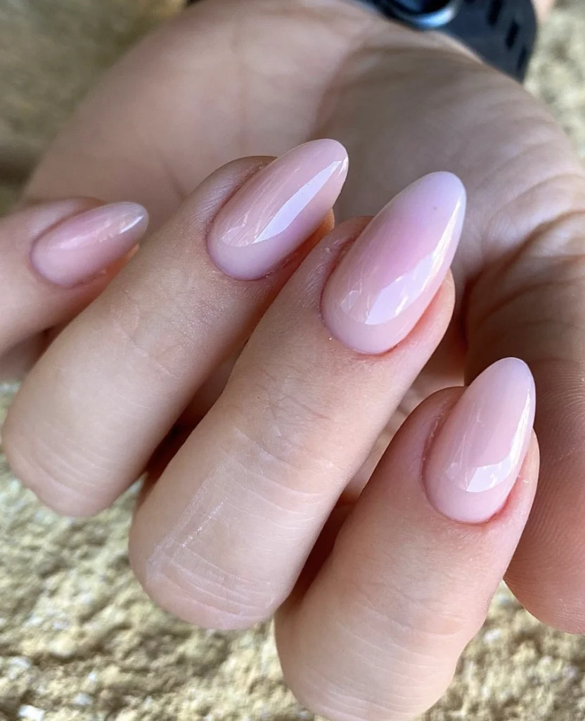 Glossy Almond “Barely There” Pink Nails
