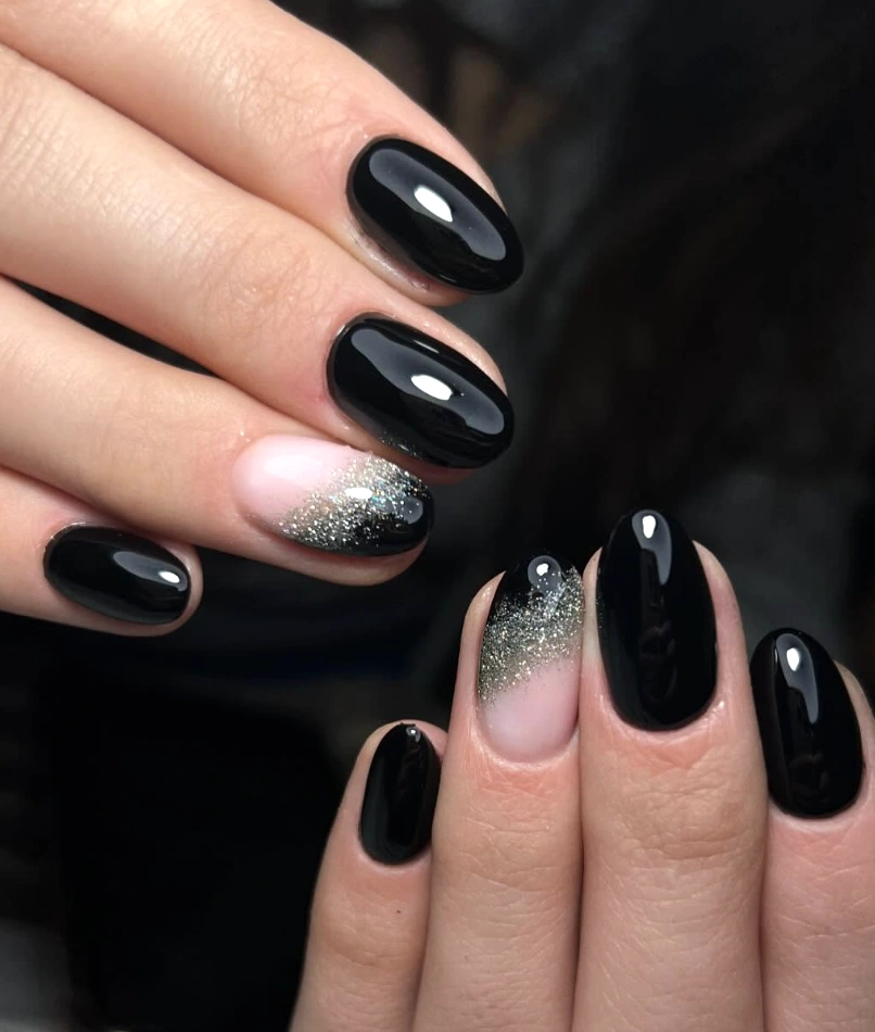 Glossy Black Almond Nails with Glitter Ombre