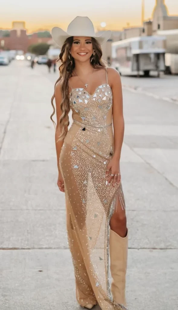 Gold Sequined Maxi Dress + White Cowboy Hat + Beige Knee-High Boots