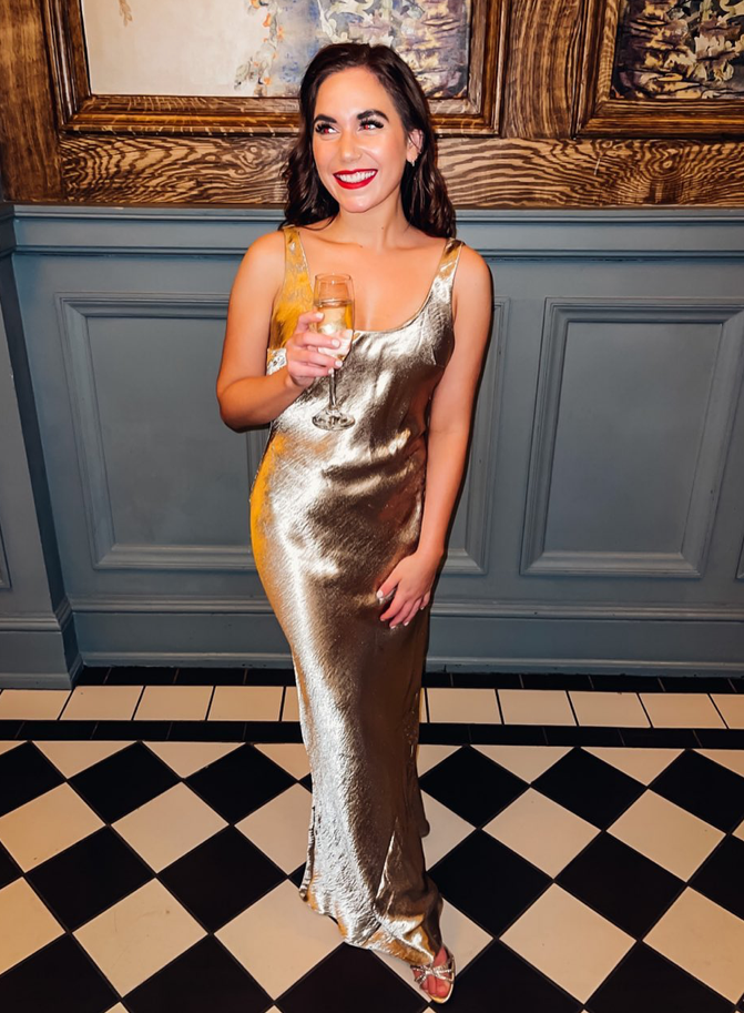 Golden Goddess: Metallic Slip Dress + Strappy Heels