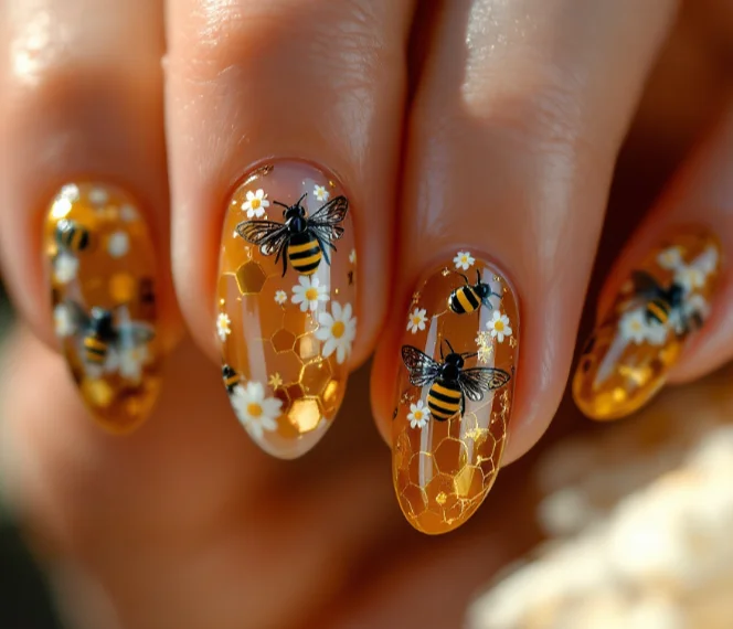 Golden Honeycomb and Daisy Bee Garden Nails