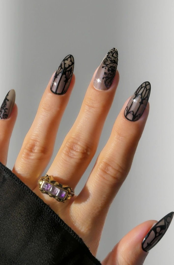 Gothic Lace and Windowpane Almond Nails