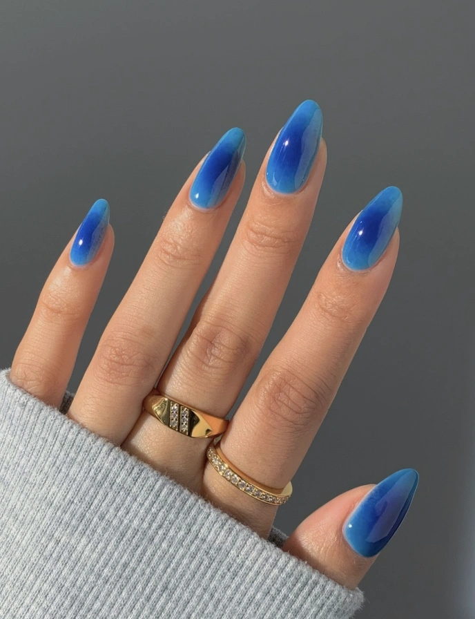 Gradient Blue Aura Nails on Almond-Shaped Tips