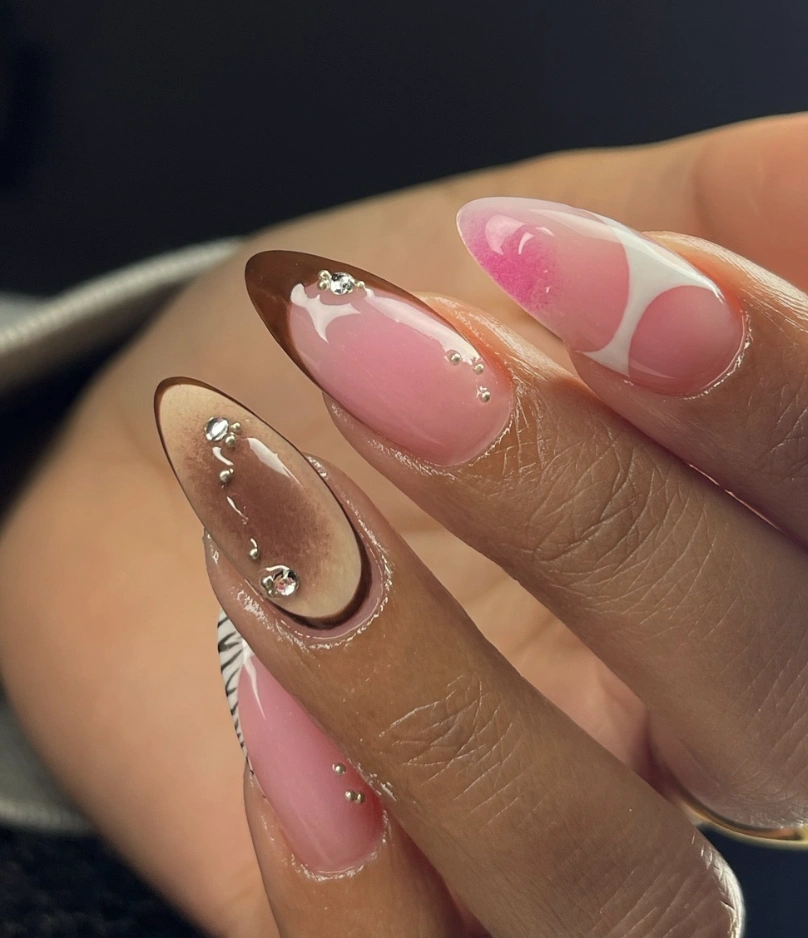 Gradient Fall Nails Almond Shape with Rhinestones and Artistic Swirls