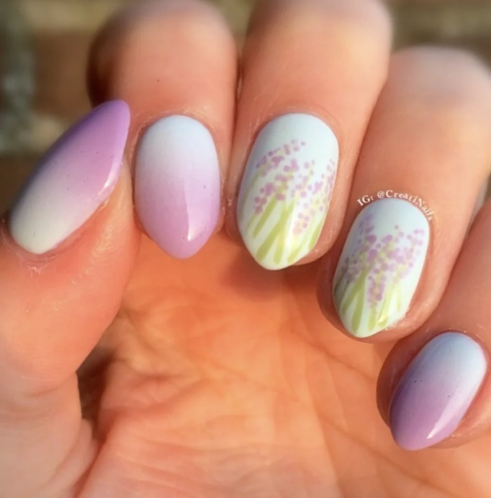 Gradient Lavender Nails with Delicate Floral Accents