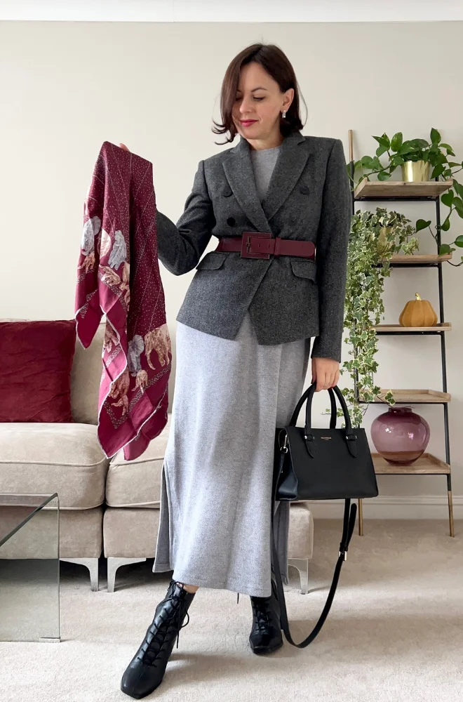 Gray Blazer + Light Gray Maxi Dress + Burgundy Belt + Black Lace-Up Ankle Boots