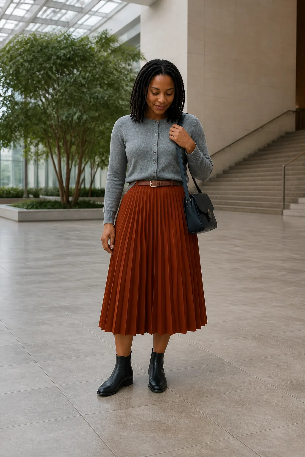 Gray Cardigan, Rust Skirt, and Chelsea Boots