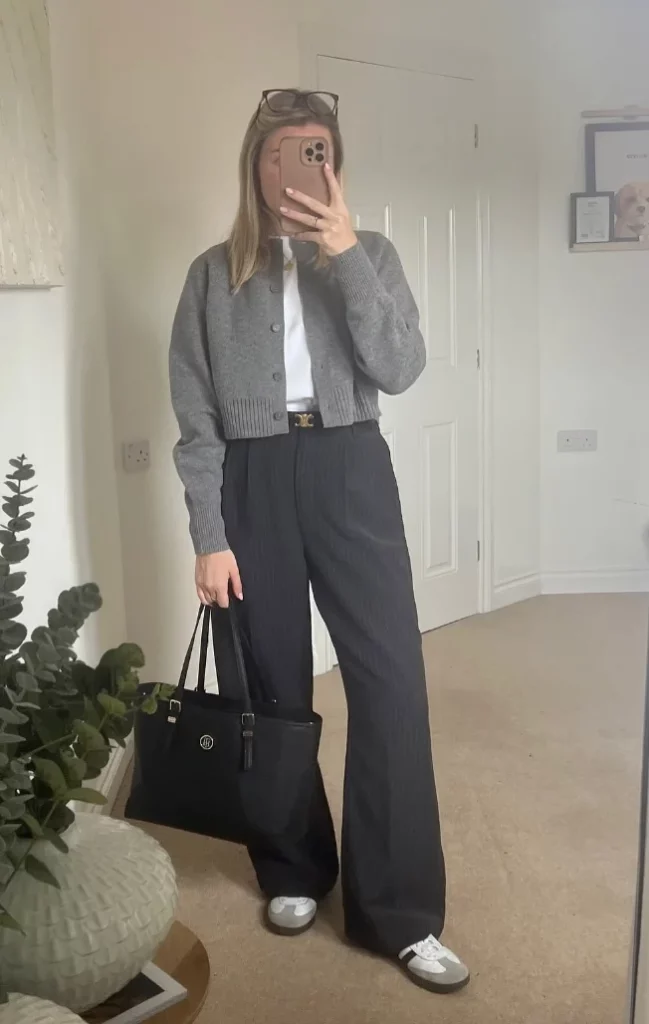 Gray Cropped Cardigan + White T-Shirt + Black Wide-Leg Trousers + Gray White Sneakers