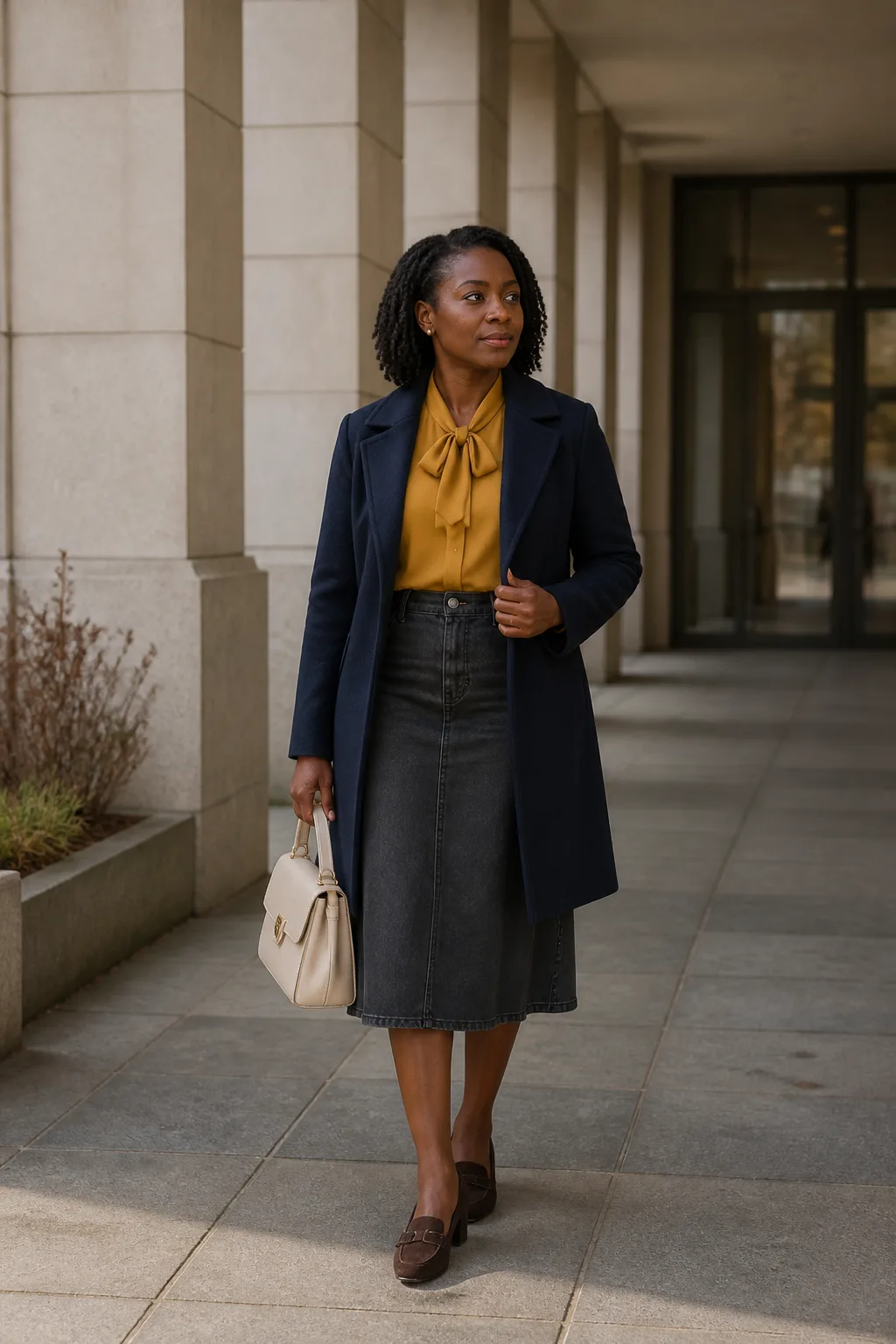 Gray Denim Skirt with Mustard Blouse