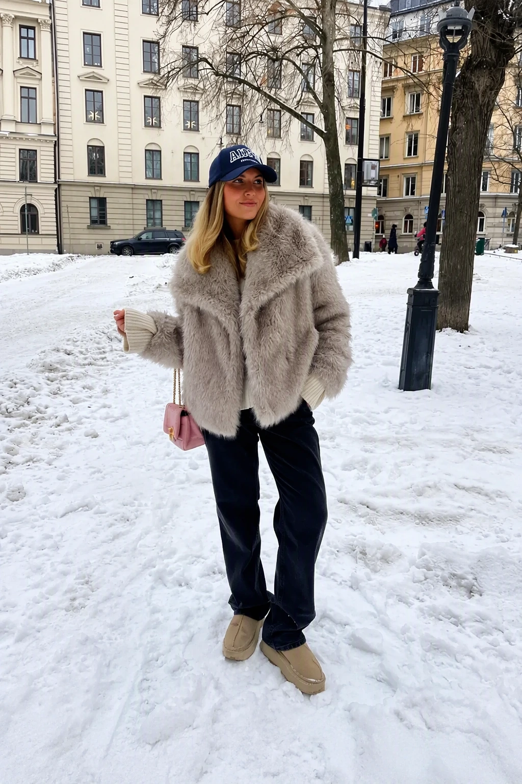 Gray Faux Fur Coat + Dark Wash Straight-Leg Jeans + Beige Suede Slip-On Shoes + Navy Baseball Cap