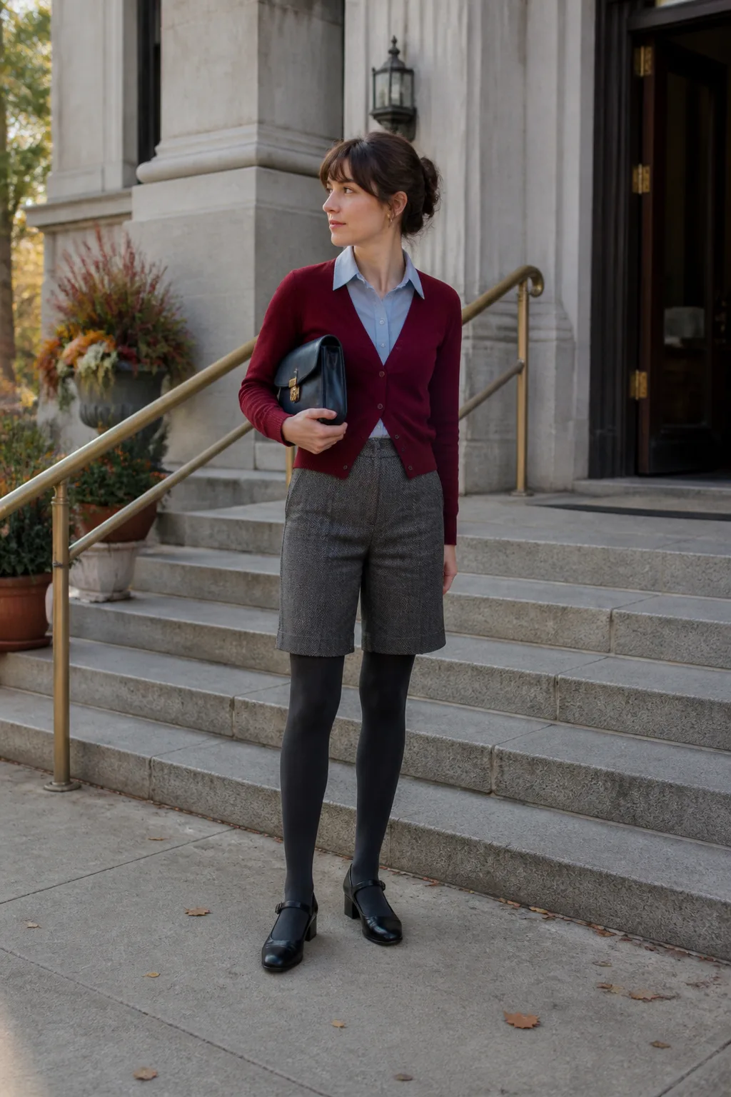 Gray Herringbone Shorts with a Red Cardigan