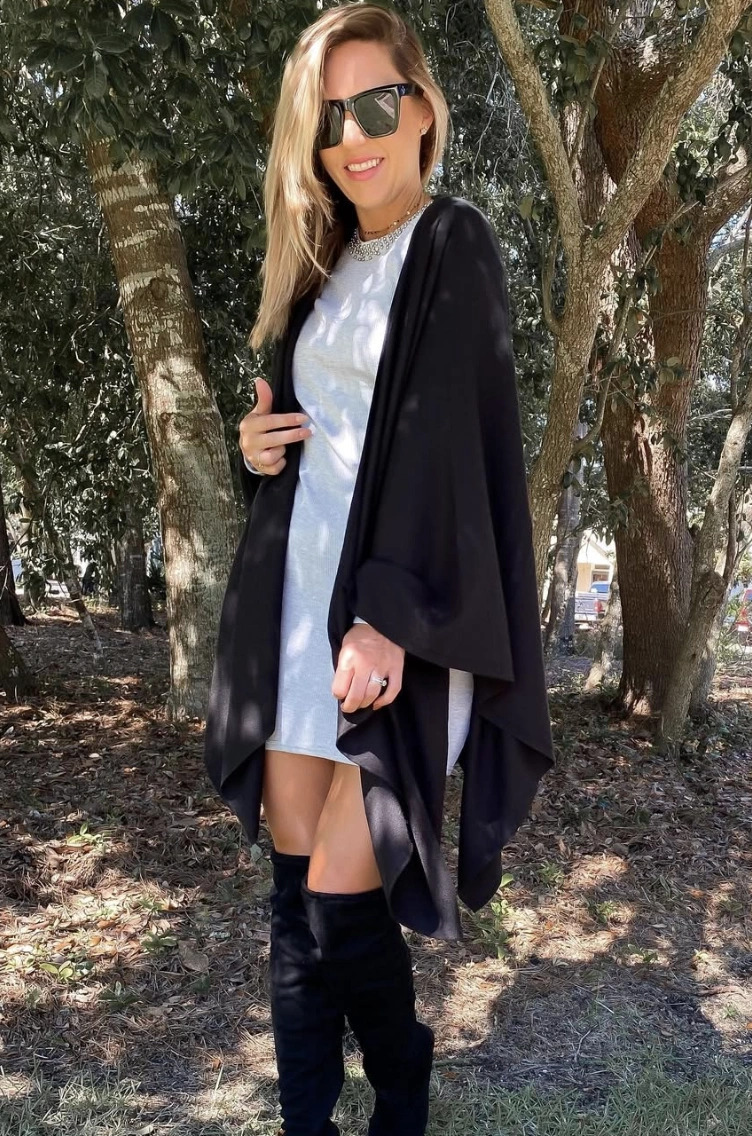 Gray Mini Dress + Black Cape + Suede Boots