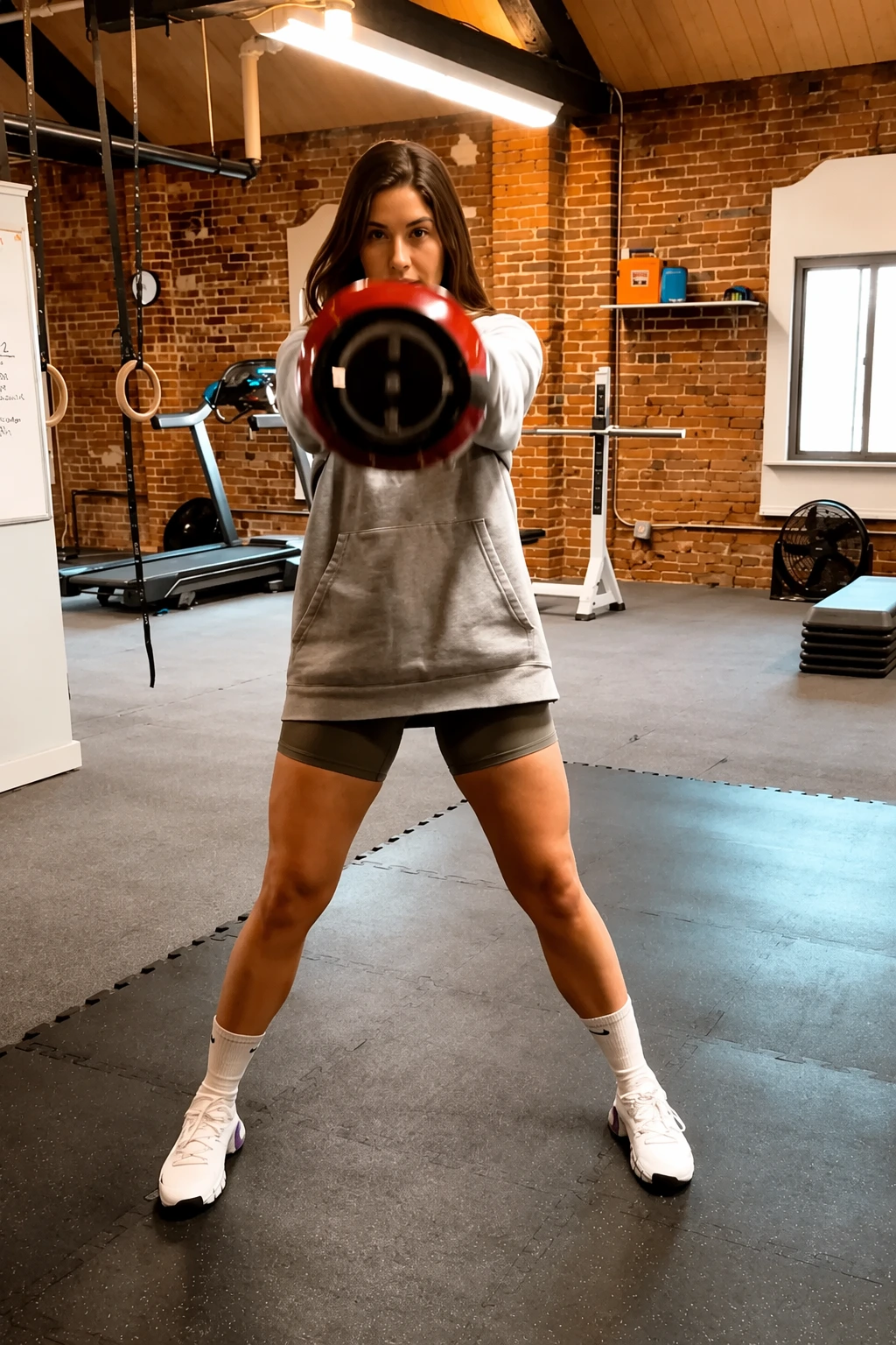Gray Oversized Hoodie + Gray Bike Shorts + White Crew Socks + White Athletic Sneakers