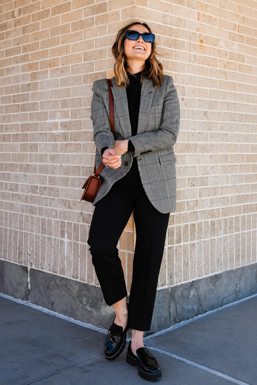 Gray Plaid Blazer + Black Turtleneck Top + Black Straight-Leg Trousers + Black Loafers