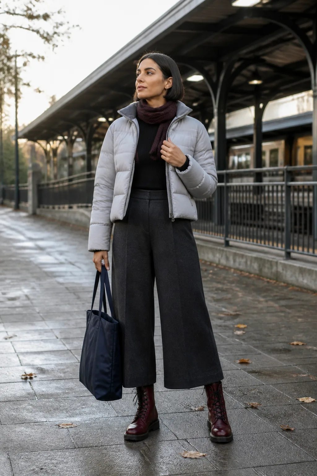 Gray Puffer Jacket with Tailored Culottes