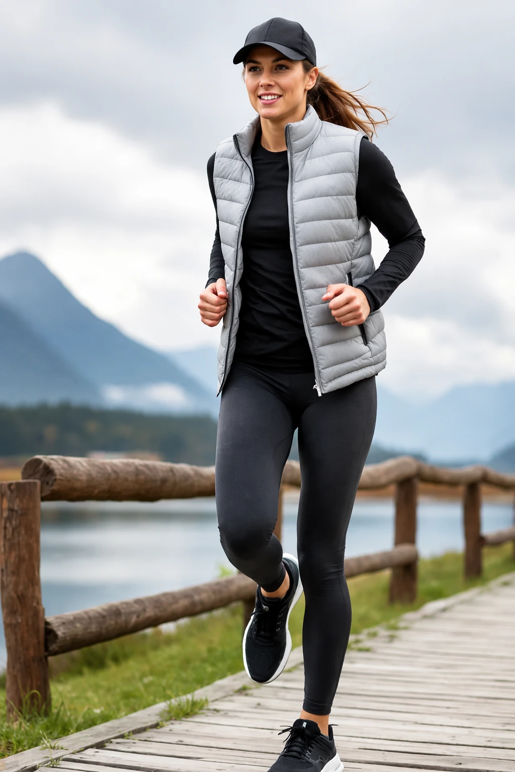 Gray Quilted Puffer Vest + Black Long Sleeve Top + Charcoal Leggings + Black Athletic Sneakers + Black Baseball Cap